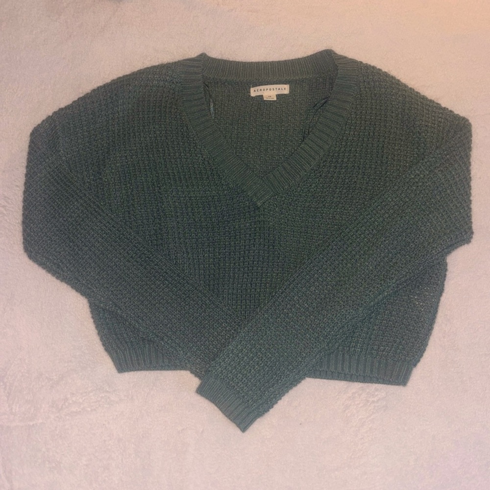 Aeropostale Cropped Green Waffle Knit V-Neck Sweater